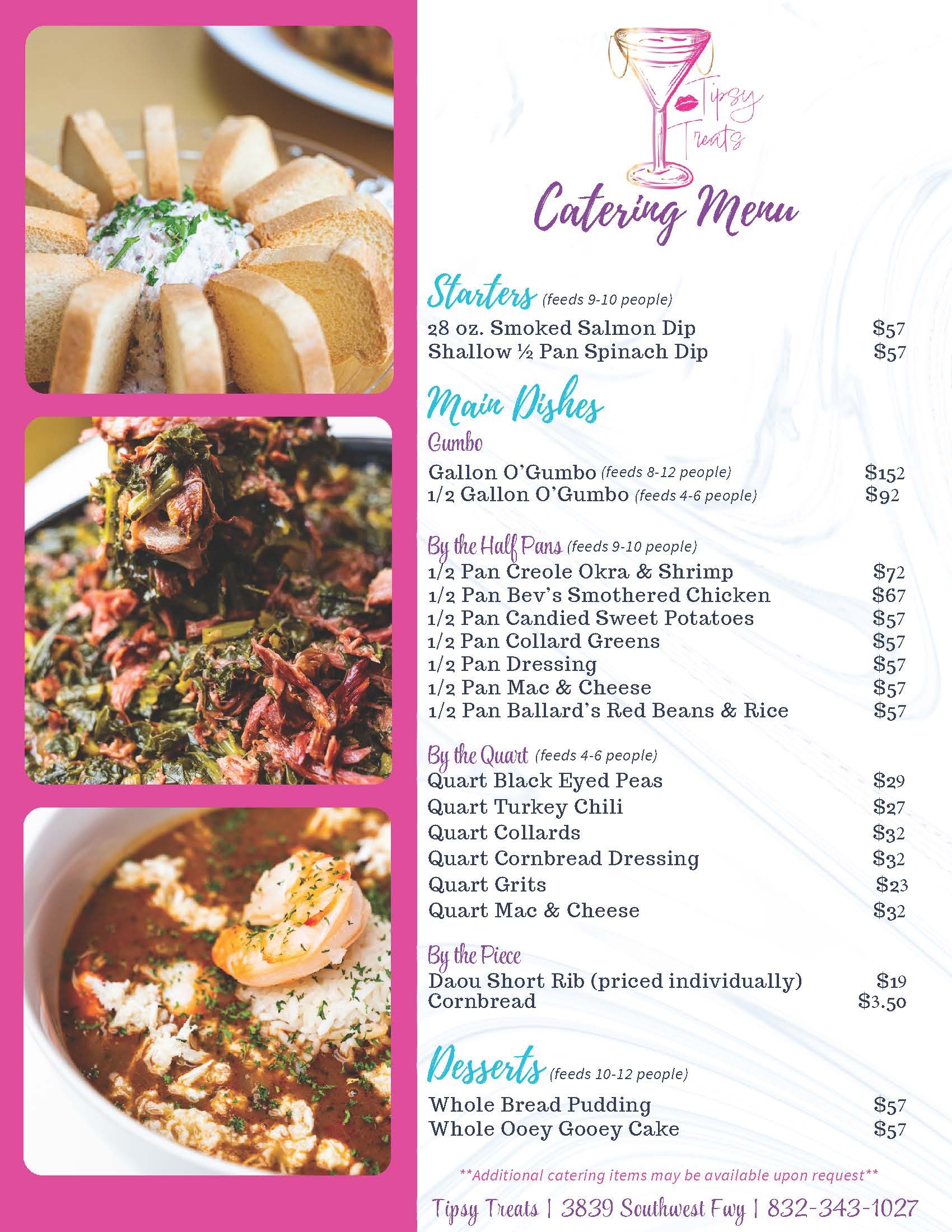 Tipsy Treats Catering Menu — Starters, Mains, Sides, Desserts